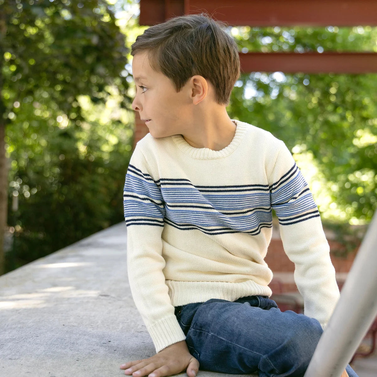 Hope & Henry Ivory and Blue Chest Stripe Sweater