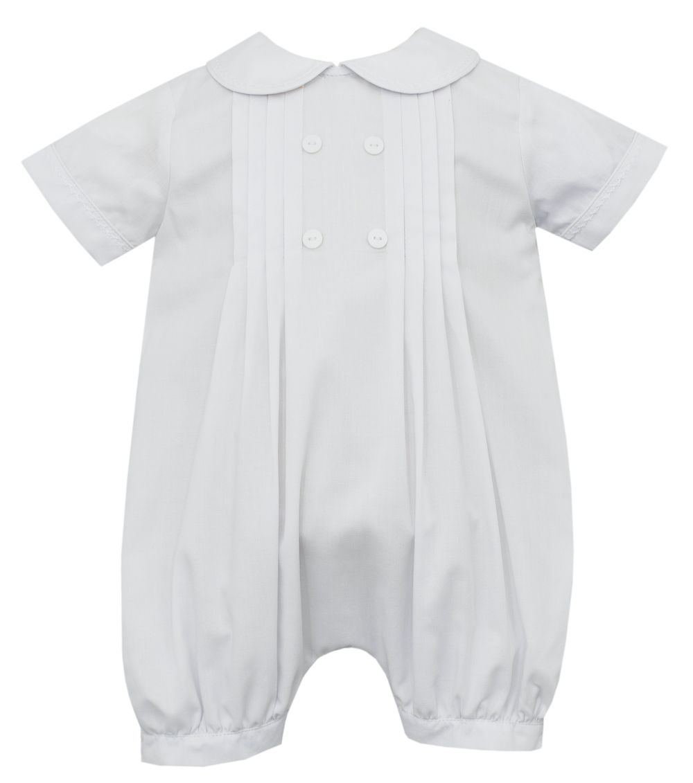 CLAIRE & CHARLIE BABY BOYS PLEATED WHITE BATISTE ROMPER - LINED
