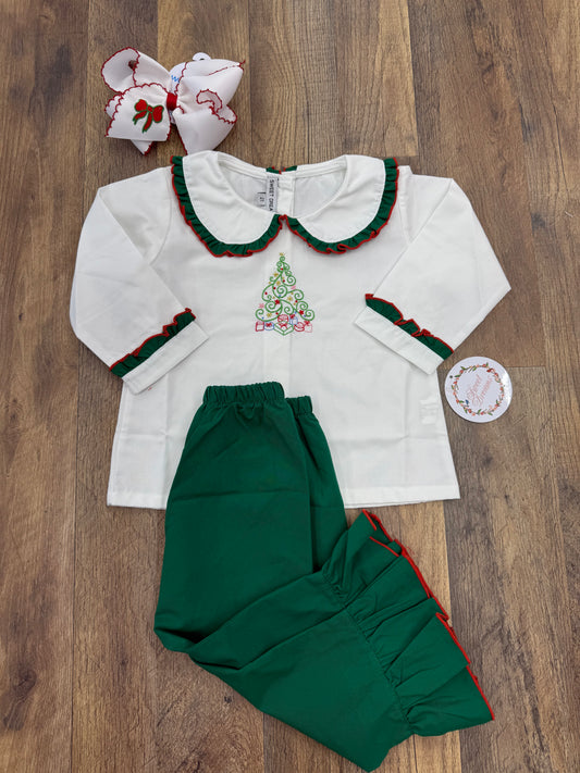 Sweet Dreams Christmas Tree Embroidered Girl Pant Set
